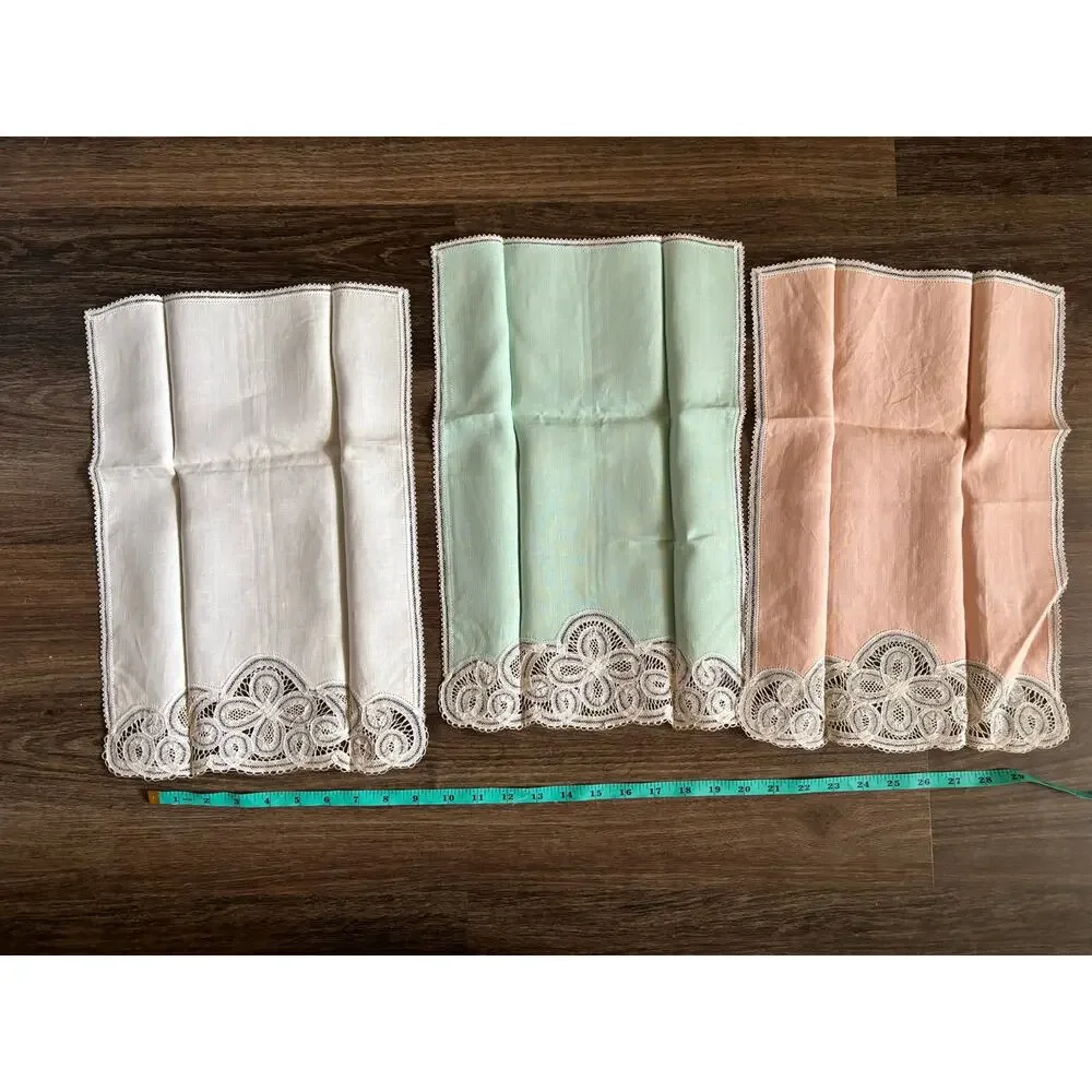 Antique Set of 3 Tape Lace Dinner Napkins Cotton Pastel Green Pink White 17